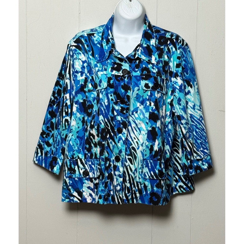 Erin London Women's Blue Animal Print Button Front Jacket 3/4 Sleeve Size 1X